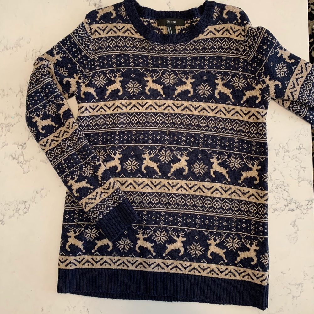 Blue and Tan Reindeer Christmas Sweater